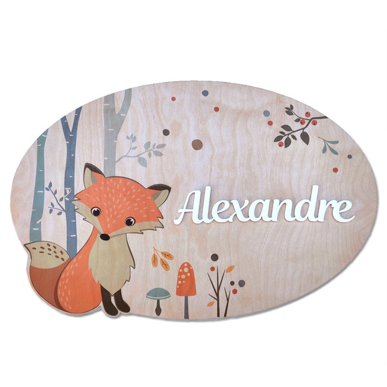 Wooden door plaque forest animals customizable with your child's first name Wood 29 x 19 cm Blanc