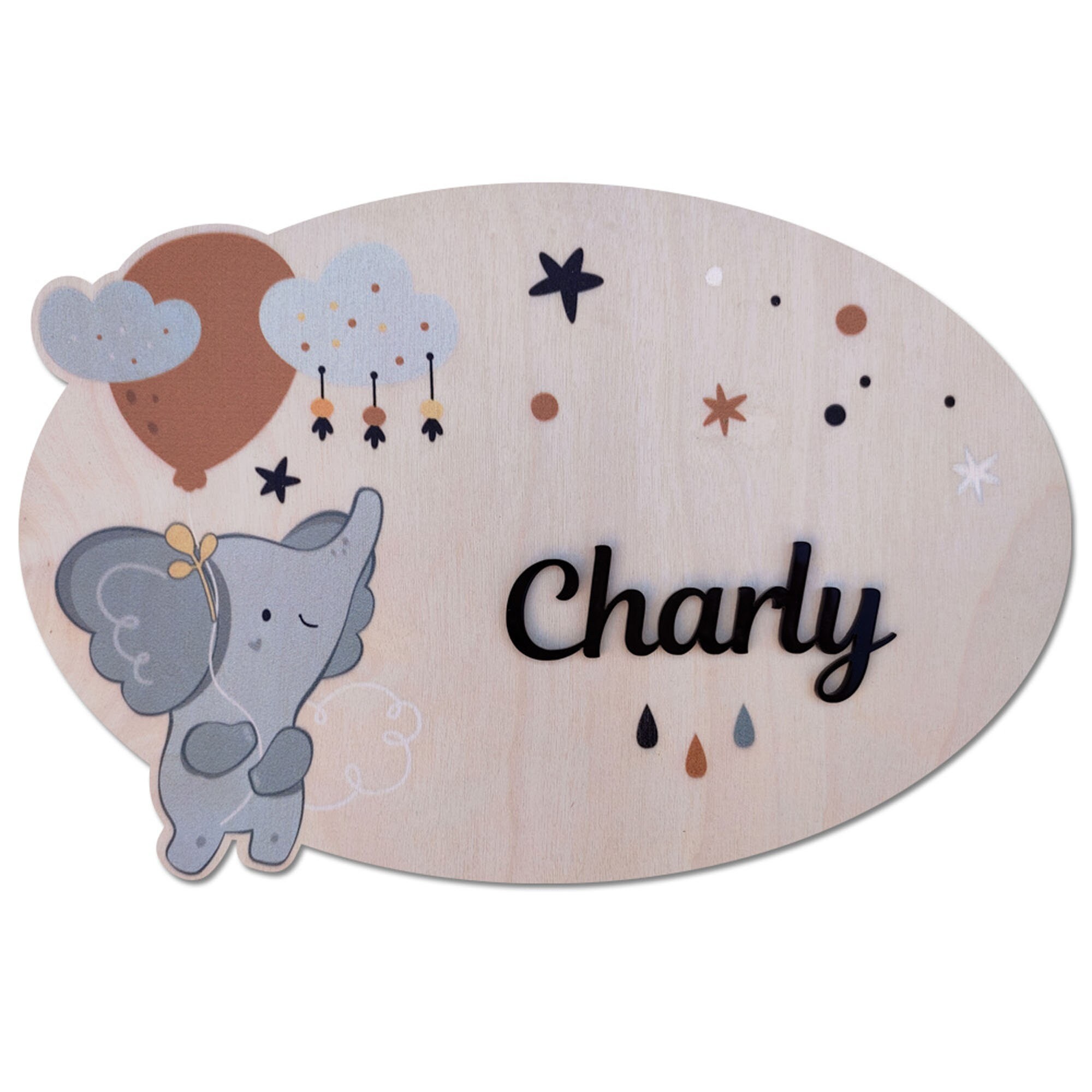 Plaque de Porte en Bois Elephant Personnalisable Au Prénom Votre Enfant - Bois Bouleau 29 X 19 cm
