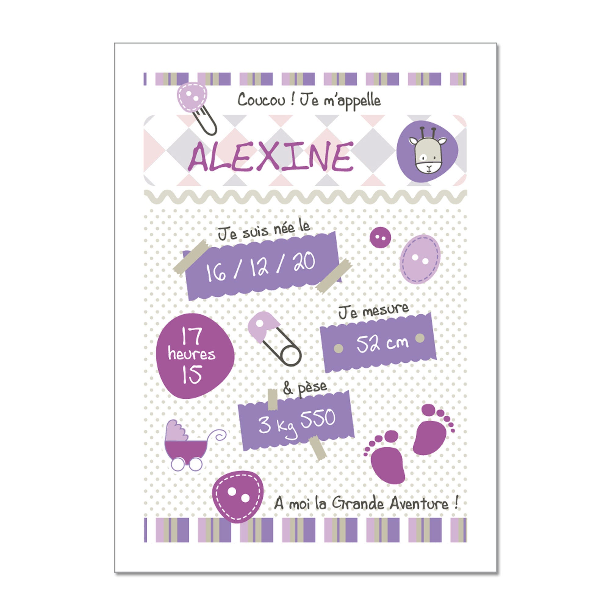Poster Souvenir - Cadeaux Naissance Girl Scrap Personnalisable avec Les Informations de L'enfant | C