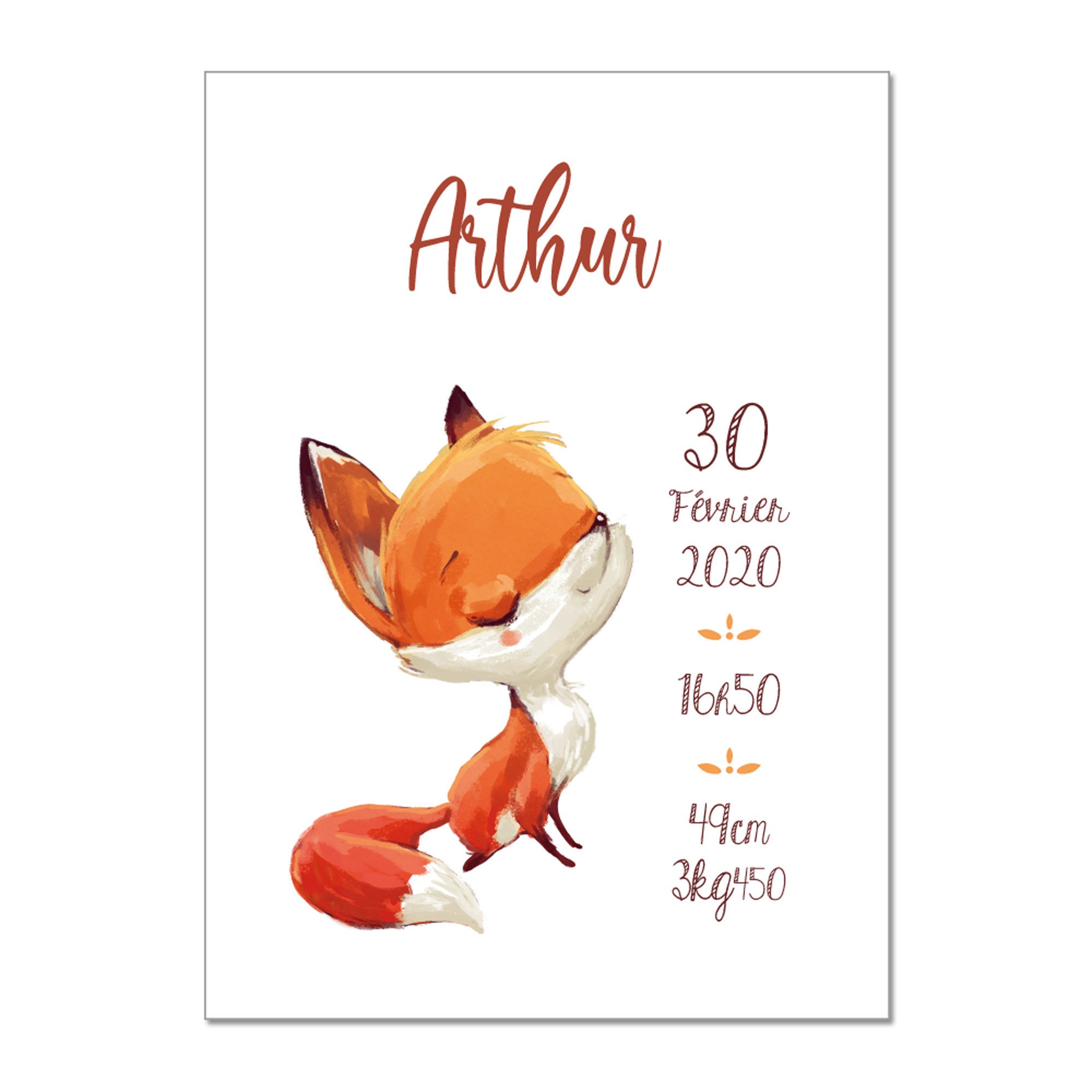 Poster Souvenir - Cadeaux Naissance Renard Cuty Personnalisable avec Les Informations de L'enfant |