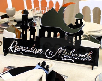 Centre de table Eid Mubarak. Déco Ramadan.Décoration de table Ramadan Mubarak.Mosquée verre acrylique 4mm Or, Agent, Blanc, Noir, Bois.
