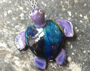 Turtle Pendant Metallic Purple and Deep Sea Blue on Silver Chain Necklace