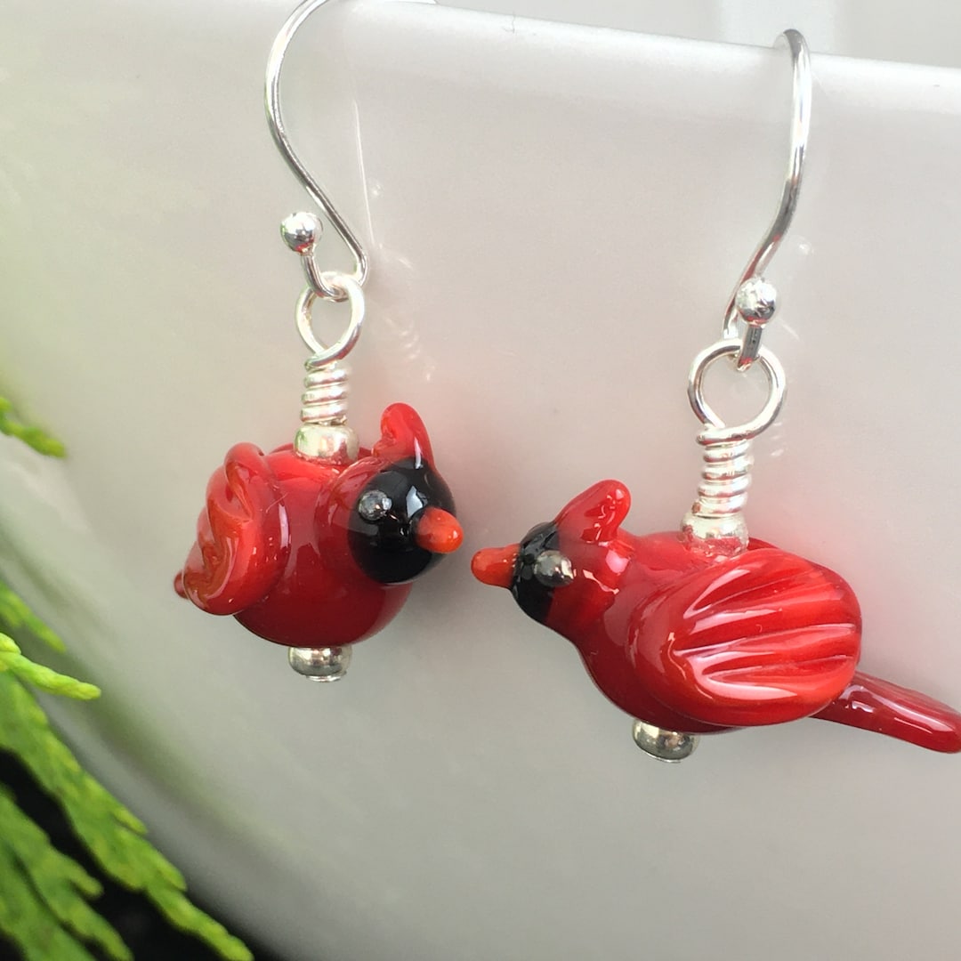 Red Cardinal Glass Bird Earrings on Sterling Silver Ear Wires Etsy