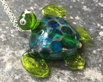 Turtle Pendant Seaweed Green on Silver Chain Necklace