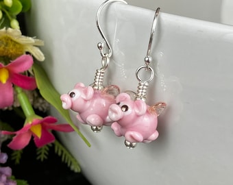 Flying Piggies Handmade Glass Earrings with Sterling Silver Ear Wires
