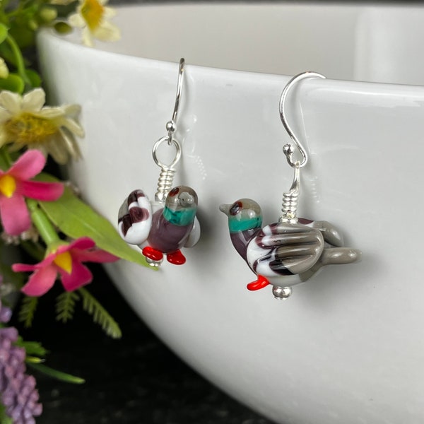 Pigeons Handmade Glass Earrings on Sterling Silver Ear Wires