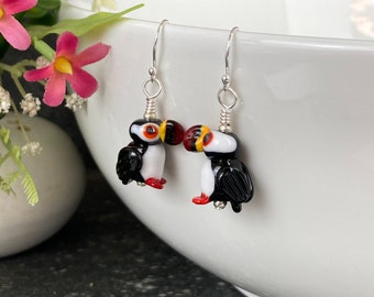 Puffins Handmade Glass Earrings on Sterling Silver Ear Wires