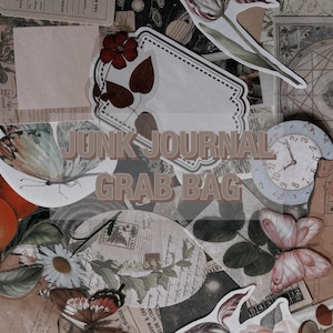 May include: A collection of vintage and decorative paper ephemera for junk journaling. The image features a variety of paper scraps, including a clock face, butterflies, flowers, and a tag with the text "JUNK JOURNAL GRAB BAG".