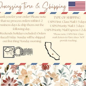 May include: A cream-colored graphic with text about processing and shipping times. The text includes information about order processing, shipping methods, and estimated delivery times. The image also features a small American flag and floral accents.