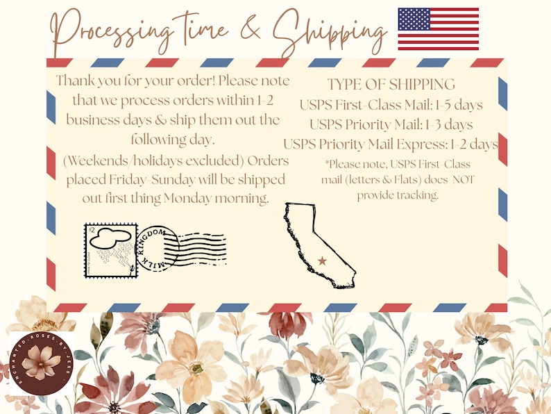 May include: A cream-colored graphic with text about processing and shipping times. The text includes information about order processing, shipping methods, and estimated delivery times. The image also features a small American flag and floral accents.