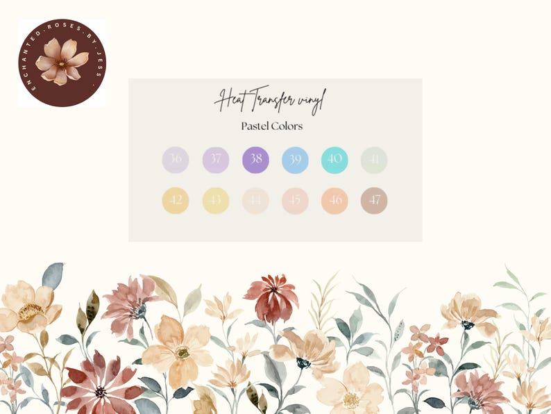 May include: Image featuring a color chart of pastel heat transfer vinyl. The chart includes various colors labeled with numbers, such as lavender, light blue, and peach. The text "Heat Transfer Vinyl" and "Pastel Colors" are displayed.