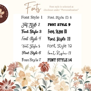 May include: Image showcasing various font styles labeled 1 through 14, with a note indicating font selection during checkout. The text is in black against a cream background, with floral accents at the bottom and a circular logo in the upper left corner.