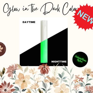 May include: An image showcasing a product that glows in the dark. The design features a white object that glows green at night, with the words "DAYTIME" and "NIGHTTIME" displayed. A red "NEW" sticker is also present.