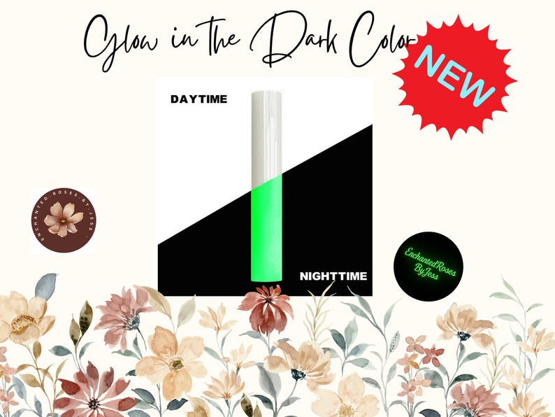 May include: An image showcasing a product that glows in the dark. The design features a white object that glows green at night, with the words "DAYTIME" and "NIGHTTIME" displayed. A red "NEW" sticker is also present.