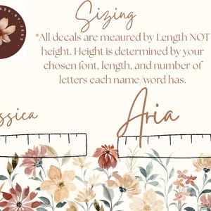 May include: A beige background with floral illustrations and text. The text includes "Sizing" and instructions for decals, with the names "Jessica" and "Aria" displayed above rulers. A logo with a flower is in the upper left corner.