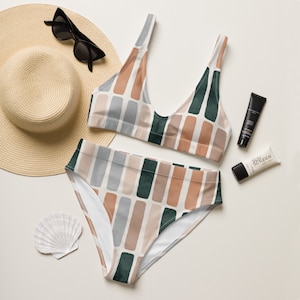 Bold Strips Recycled High-Waisted Bikini, Boho Swimsuit, Women&#39;s One Piece Bikini, Adult Swimsuit