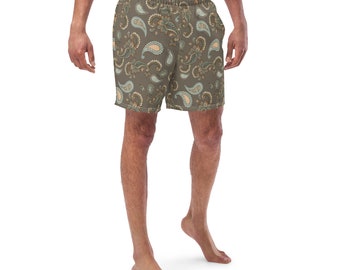 May include: Brown paisley patterned shorts with a drawstring waist.