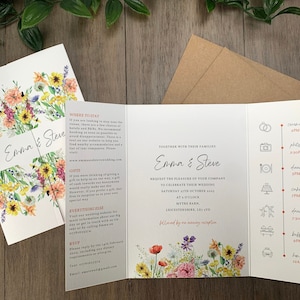 WILDFLOWER Wedding Invitation Gatefold | Folded Wedding Invites | Spring Wedding Stationery  | Foliage Calligraphy Set