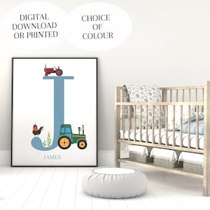 Impresión personalizada del tractor / Impresiones iniciales de la granja / Arte de la pared de los niños de la guardería / Impresiones del nombre del niño pequeño Niños Niñas Tractor Imprimible Descargar