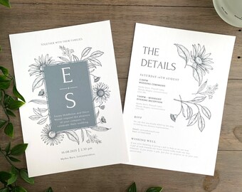GREY BOTANICAL Wedding Invitation | Rustic Wedding Stationery | Charcoal Wedding Invites | Flowers Budget Pencil Simple Wedding Set