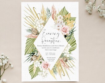 Pampas Boho Evening Reception Invitation | Pink Rose Wedding Stationery | Budget Wedding Invites | Foliage Calligraphy Set