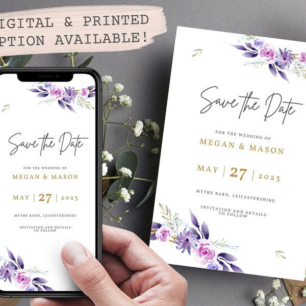 Violet Hoop Save The Date Digital Wedding | Purple Wedding Stationery | Budget Wedding Invites | Foliage Calligraphy Set