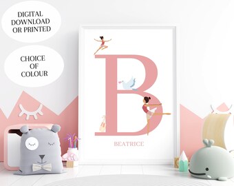 Personalised Ballerina Print | Initial Prints | Nursery Kids Wall Art | Name Ballet Child Toddler Pink Blush Girls Prints Printable Download