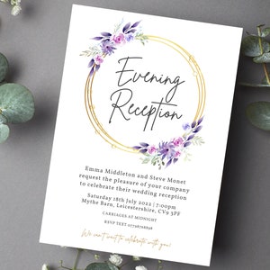 VIOLET HOOP Rustic Evening Reception Invitation | Purple Wedding Invites | Budget Wedding Stationery | Eucalyptus Foliage Calligraphy