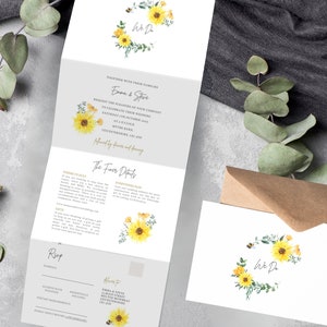 SUNFLOWER AND BEE Trifold Wedding Invitation | Folded Wedding Invites | Concertina Budget Wedding Set