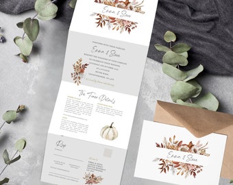 Pumpkin Autumn Wedding Invitation Folded | Tri-Fold Invites Concertina | Autumnal Trifold Wedding Stationery  | Foliage Calligraphy Set