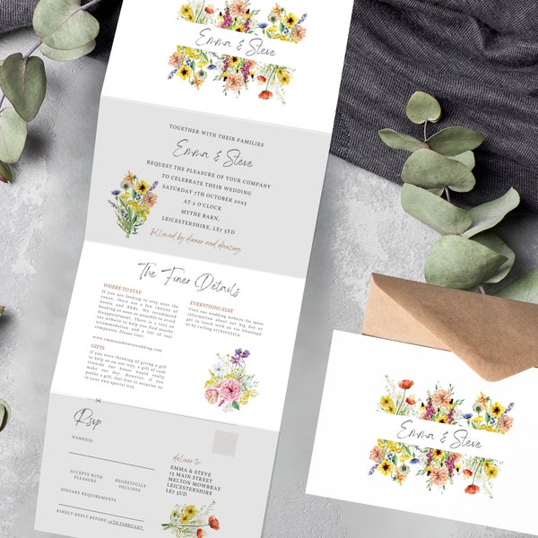 WILDFLOWER Hochzeitseinladung Gefaltet | Tri-Fold lädt Konzertina ein Trifold Frühlings-Hochzeits-Briefpapier | Laub Kalligraphie Set