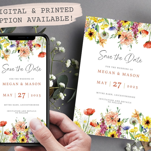 Wildflower Save The Date Digital Wedding | Spring Colourful Wedding Stationery | Budget Wedding Invites | E-Invite