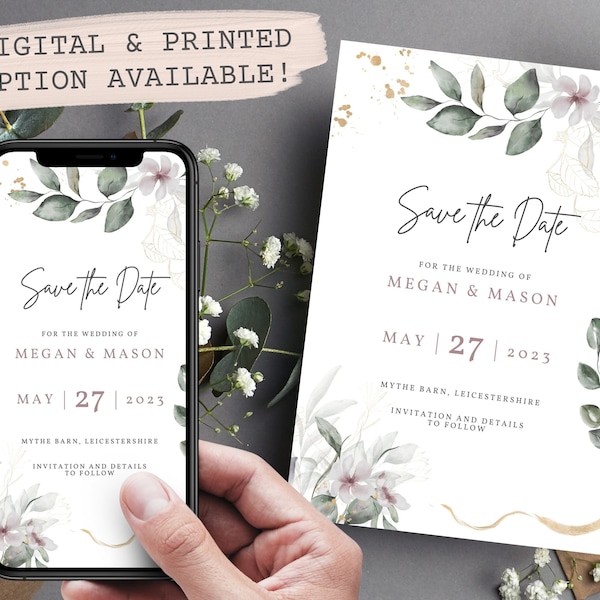 Mink Save The Date Digital Wedding | Eucalyptus Wedding Stationery | Budget Wedding Invites | Foliage Calligraphy Set