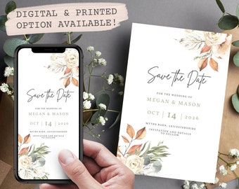 Autumn Save The Date Digital Wedding | Eucalyptus Wedding Stationery | Budget Wedding Invites | Foliage Calligraphy Set