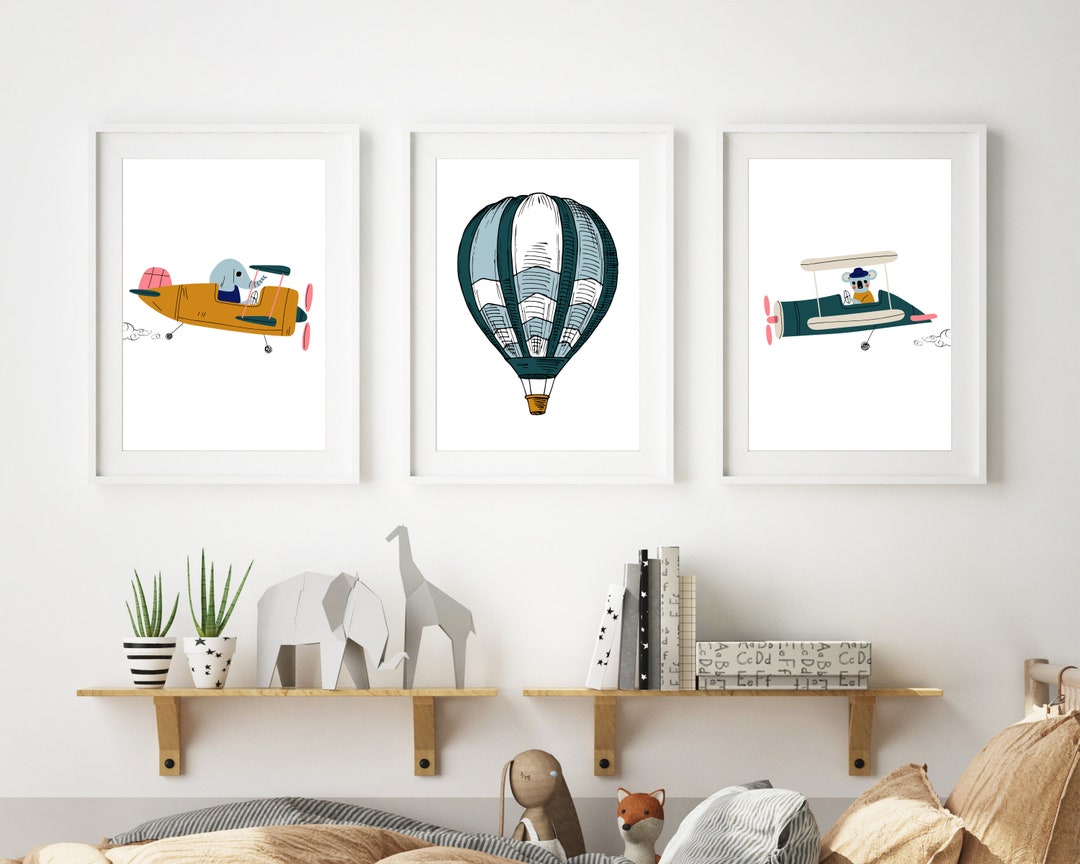 Hot Air Balloon Nursery Prints Set of 3 Aeroplane Wall Art Airplane ...