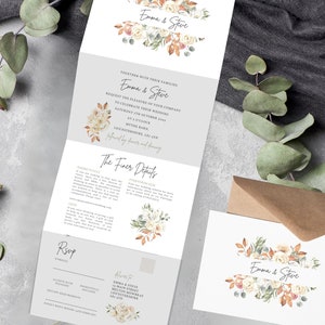 Autumn Rustic Wedding Invitation Folded | Tri-Fold Invites Concertina | Autumn Rustic Trifold Wedding Stationery  | Foliage Calligraphy Set