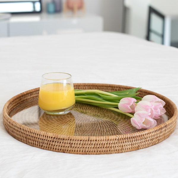 Artifacts Rattan™ Round Serving - Ottoman Tray with Glass Insert