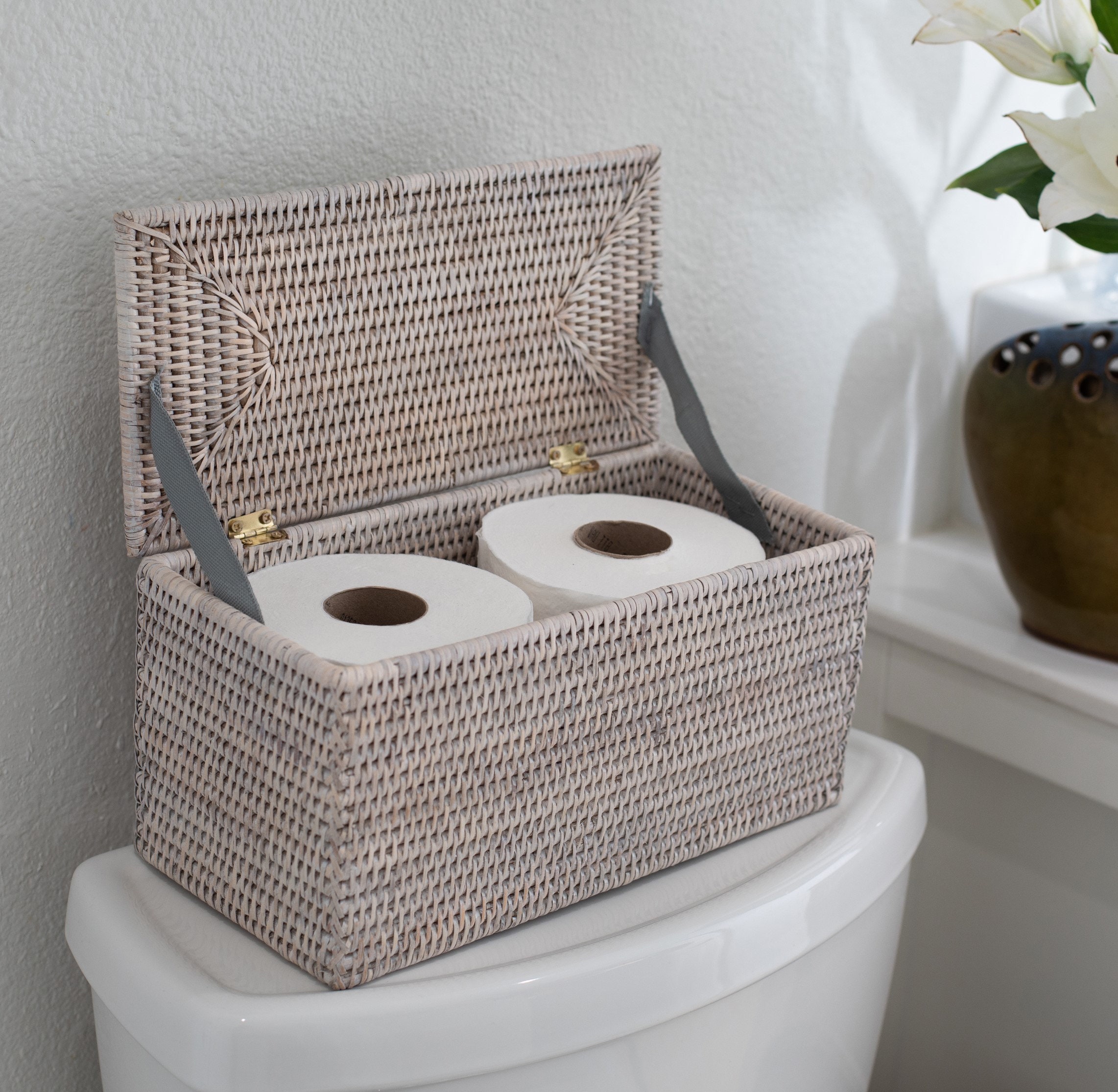 Bathroom Organizer, Larger Compartments Toilet Paper Basket for Tank Topper  - Over, Top, Back of Toilet Tank Tray Split Hand-woven Basket -  Rustic,Counter Vanity Organizer, Brown 