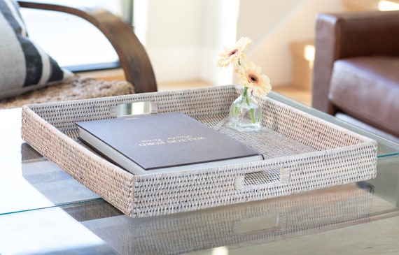 Artifacts Rattan Square Ottoman Tray With Cutout Handles India Artifacts Rattan Square Ottoman Tray, Saboga Round Ottoman Coffee Table Trays