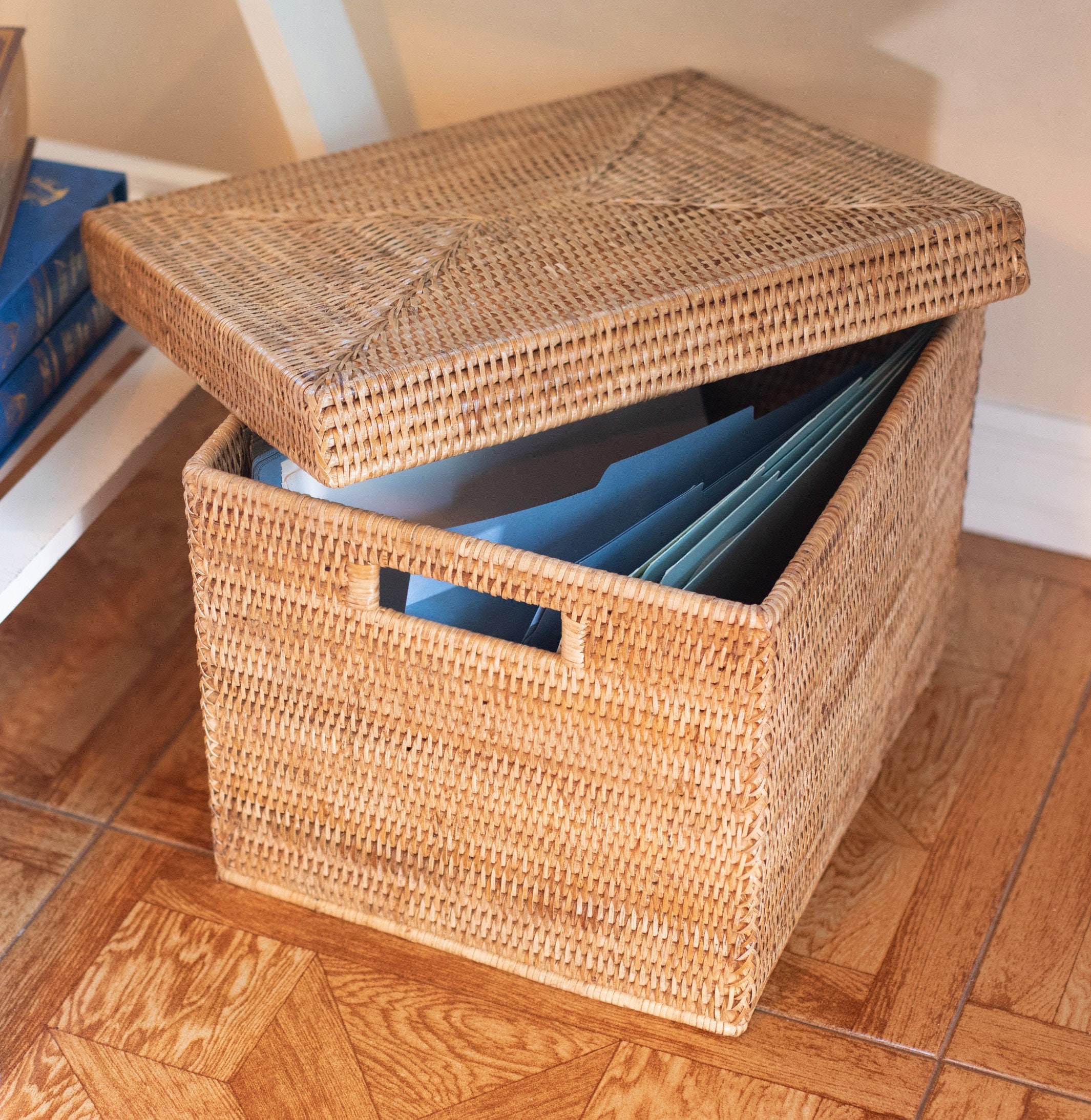 Rattan Style Plastic Storage Baskets Home Kitchen Office Tidy Organizer  Lidded
