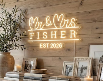 Custom Last Name Neon Sign | Mr and Mrs Est Date Light | Rustic Farmhouse Home Decor | Personalized Wedding Gift for Couple