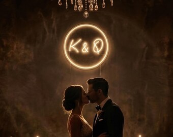 Custom Wedding Monogram Neon Sign | Personalized Couple Initials in Circle | Moody Dark Academia Decor | Luxury Reception Backdrop