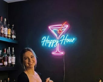 Happy Hour Neon Sign | Home Bar Decor | Cocktail Glass Light | Custom Pub Name Sign | Basement Bar Art | Man Cave Gift | Lounge Sign