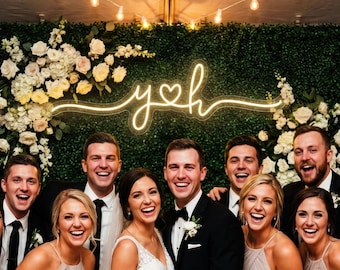 Custom Neon Sign Wedding Monogram | Personalized Couple Initials Light | Greenery Wall Reception Decor | Photo Booth Backdrop Prop