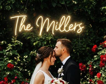 Custom Last Name Wedding Neon Sign | The Millers Family Name Light | Greenery Wall Decor for Reception | Mr and Mrs Gift | Photo Booth Prop
