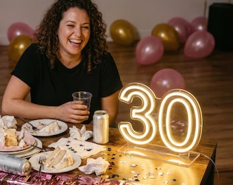 Custom Number Neon Sign | 30th Birthday Decor | 21st Party Light | Table Centerpiece with Stand | 50th Anniversary Gift | Freestanding Prop