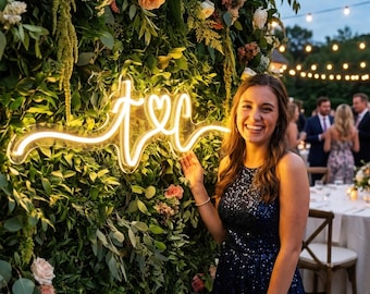 Custom Wedding Monogram Neon Sign | Personalized Couple Initials with Heart | Greenery Wall Reception Decor | Photo Booth Prop