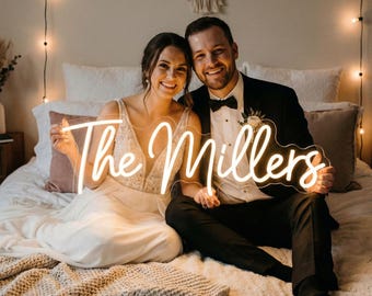 Custom Last Name Neon Sign | Boho Wedding Decor | Master Bedroom Wall Art | Mr and Mrs Bed Light | Elopement Photo Prop | Honeymoon Gift