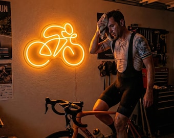 Custom Gym Logo Neon Sign & Bicycle Wall Art, Personalized Cyclist Gift for Him, Home Fitness Room Decor, LED Pain Cave Light, Triathlon