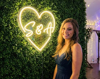 Custom Heart Neon Sign | Couple Initials Wedding Monogram | Greenery Wall Decor | Engagement Party Light | Bridal Shower Backdrop